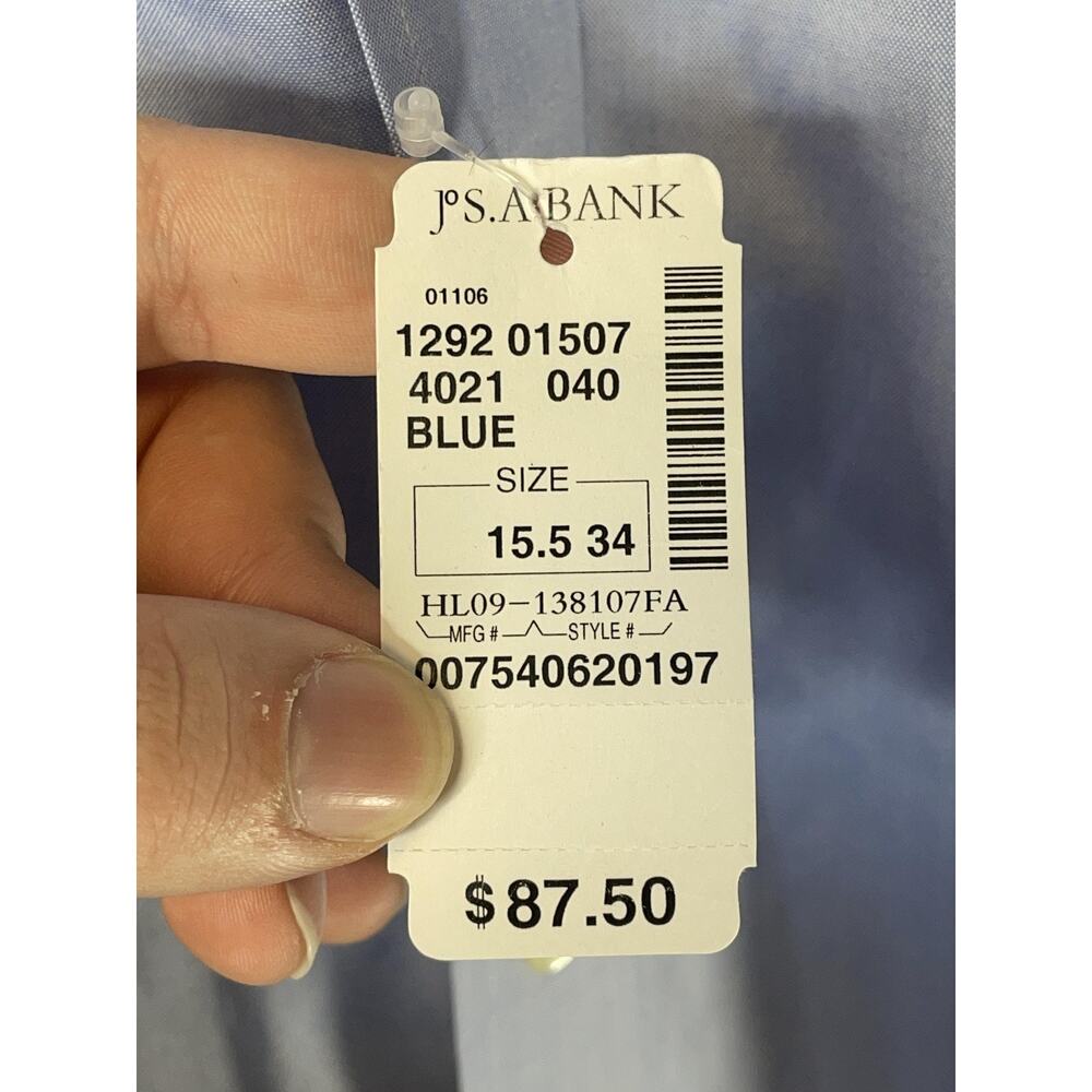 Jos A Bank Shirt Mens 15.5 34 Blue Traveler Tailored Fit Dress Long Sleeve - Picture 9 of 10
